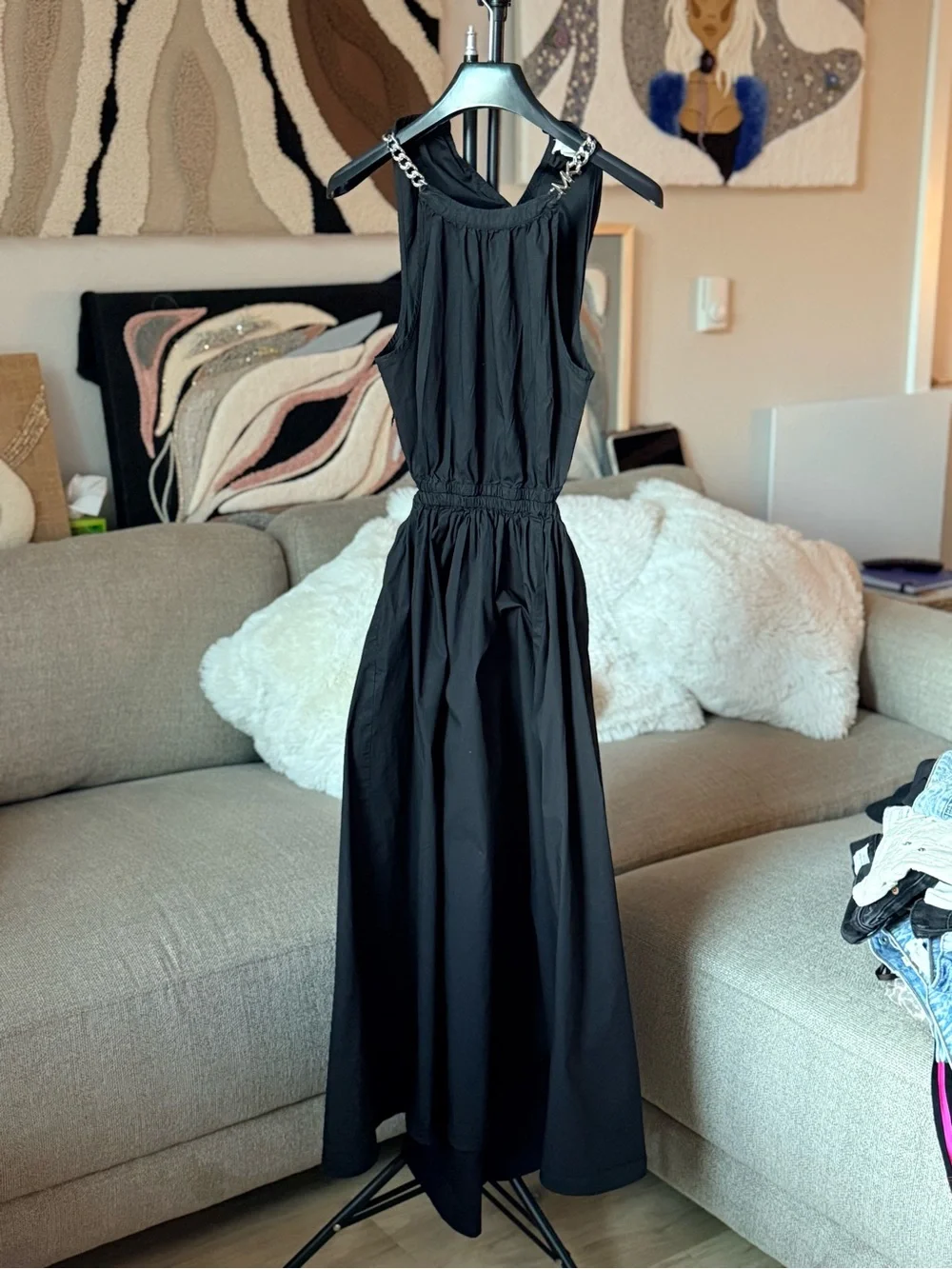 Michael Kors Black Midi Dress with Chain-Strap Detail